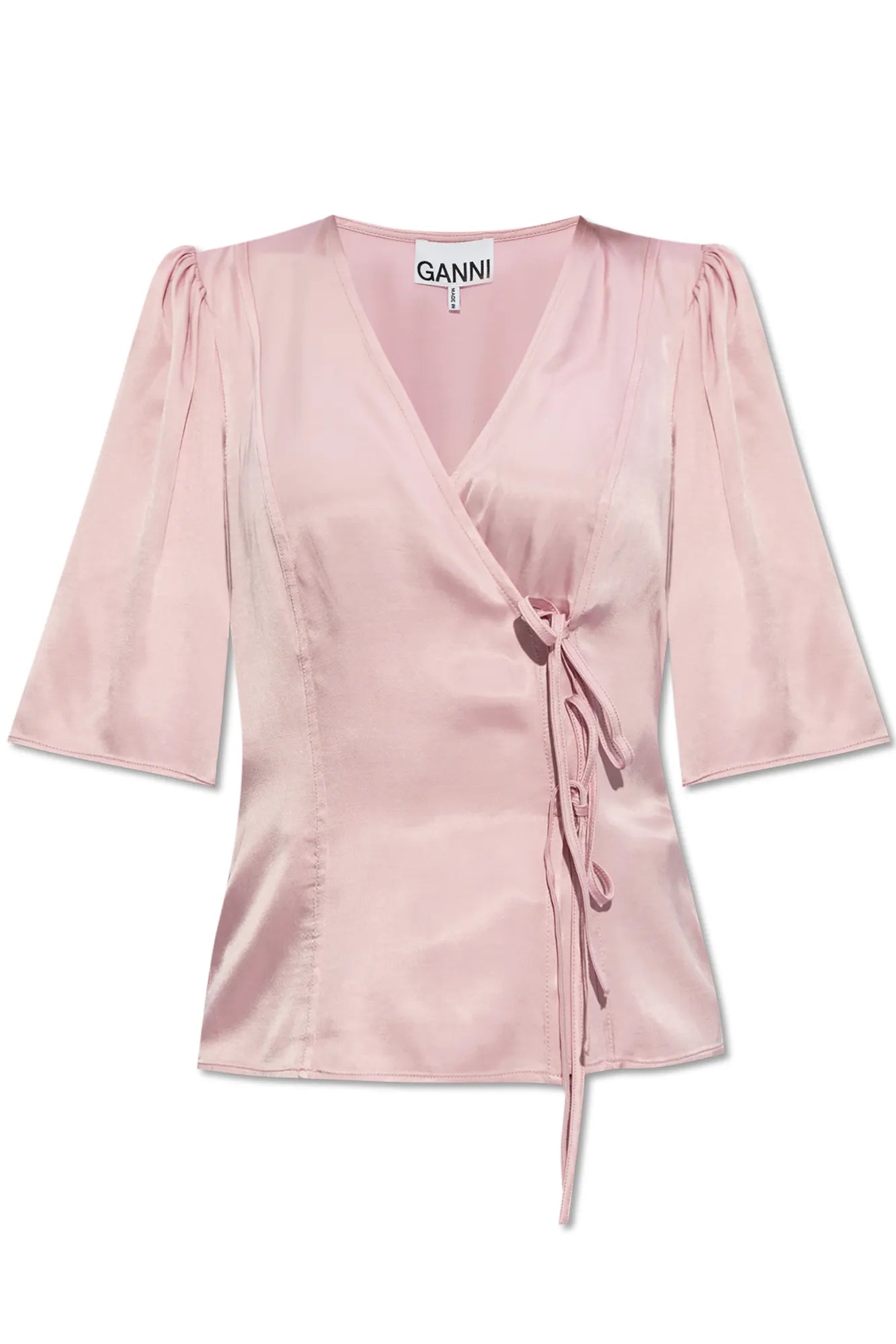 Ganni Pink Washed Satin Wrap-blus