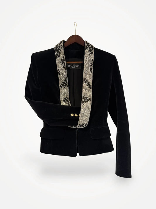 Balmain Cropped Bead-embellished Velvet Blazer