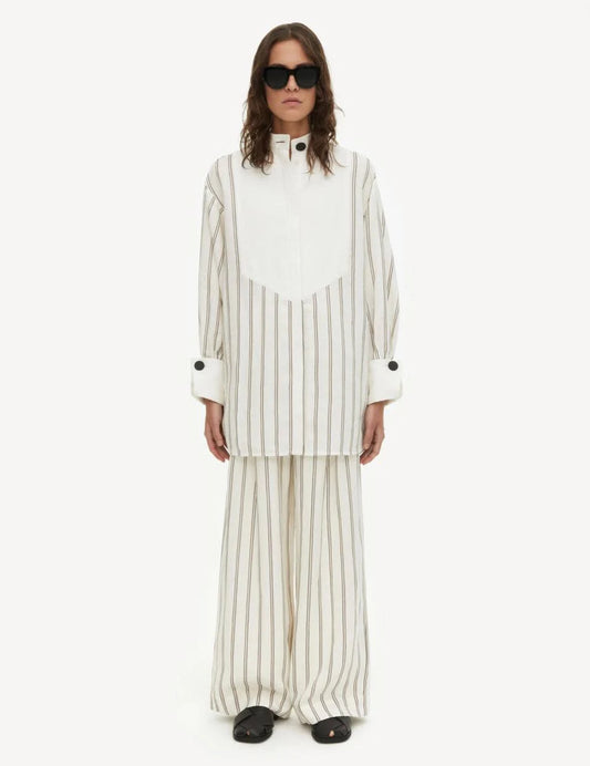 By Malene Birger Aglaja Stripe Linen Blend Tuxedo Bib In Cream Snow-skjorta