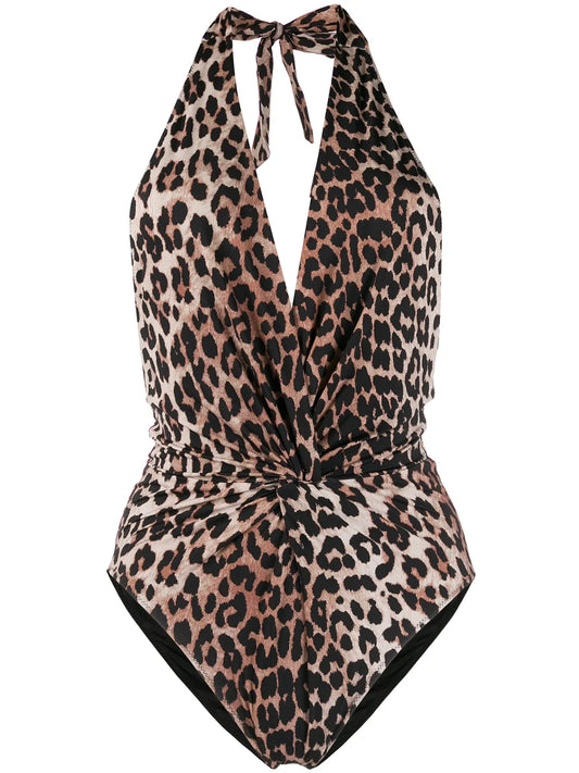 Ganni Twist-front Leopard-print Halterneck Swimsuit-baddräkt