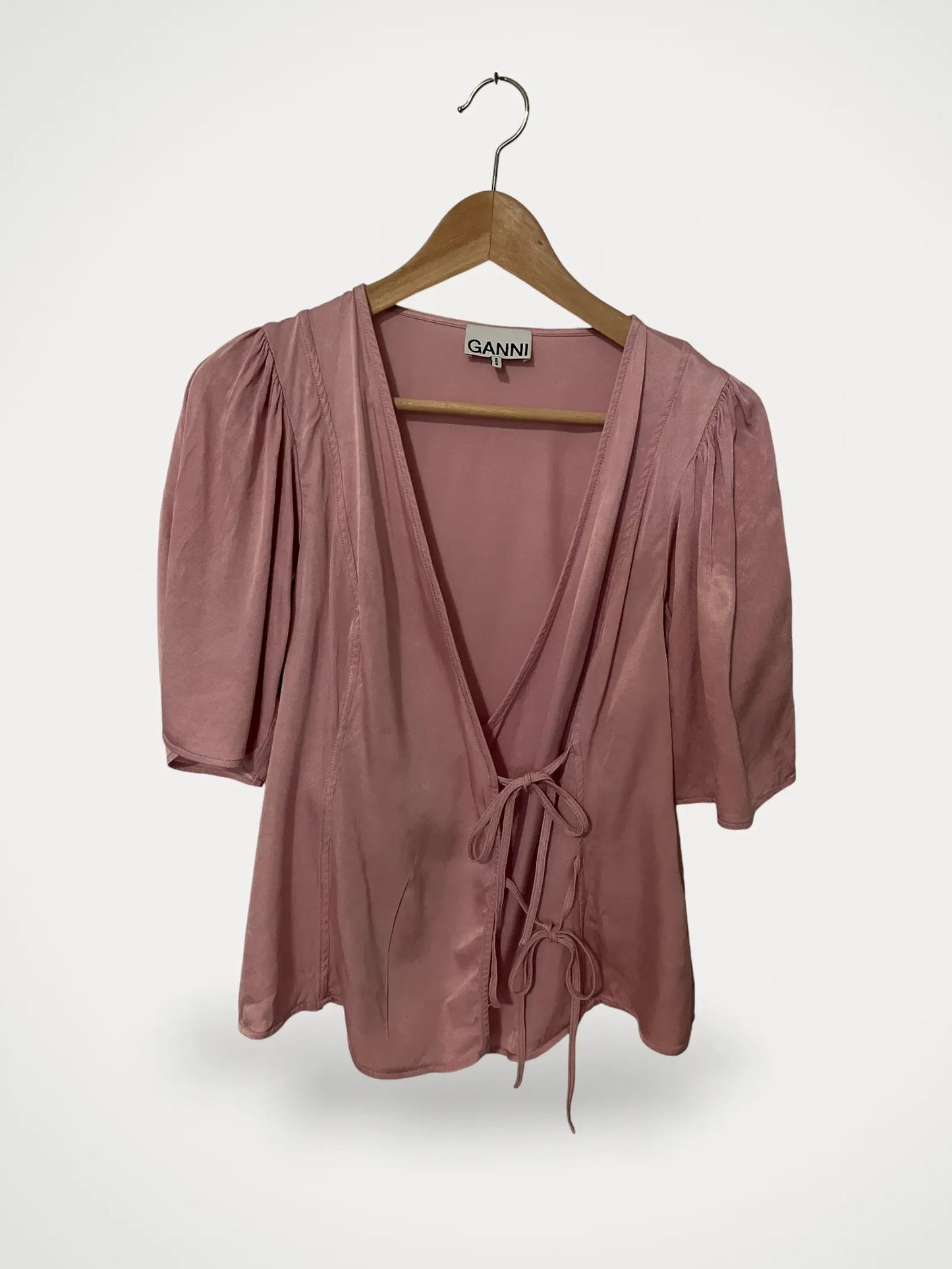 Ganni Pink Washed Satin Wrap-blus