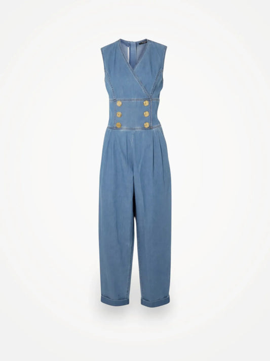 Balmain Paris Button-embellished Denim Jumpsuit