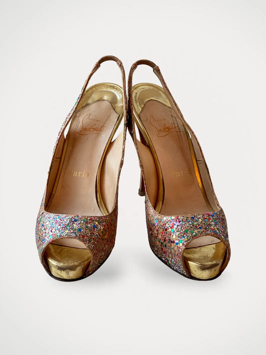 Christian Louboutin Gold Multicolor Glitter No Prive Slingbacks-skinnklackar