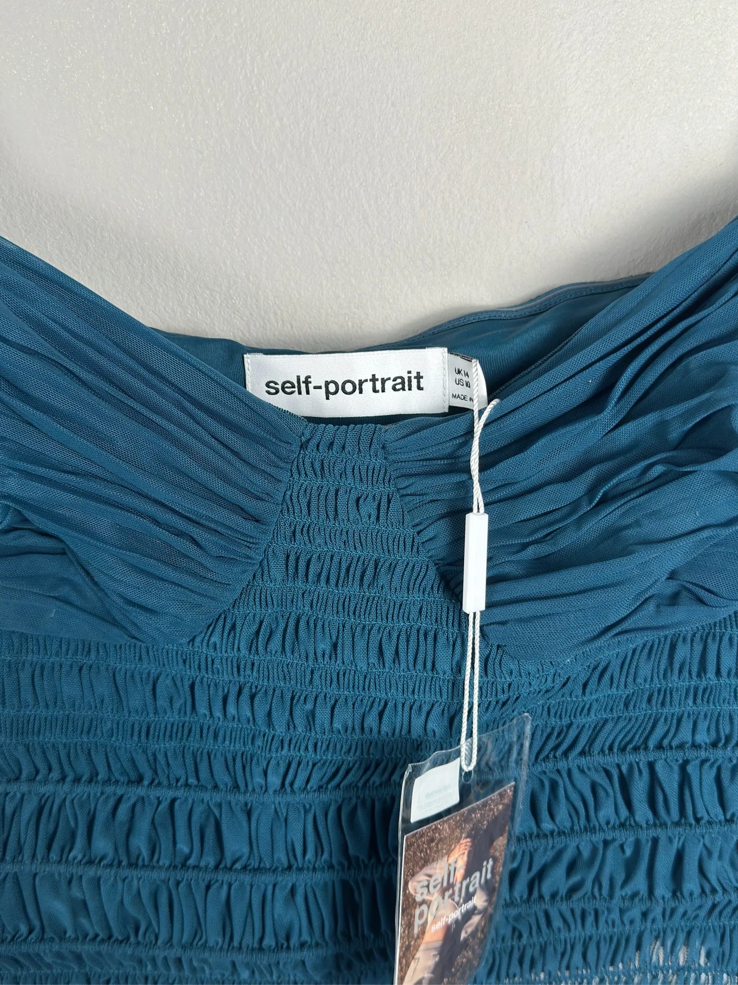 Self-Portrait Teal Shirred Powermesh Top
