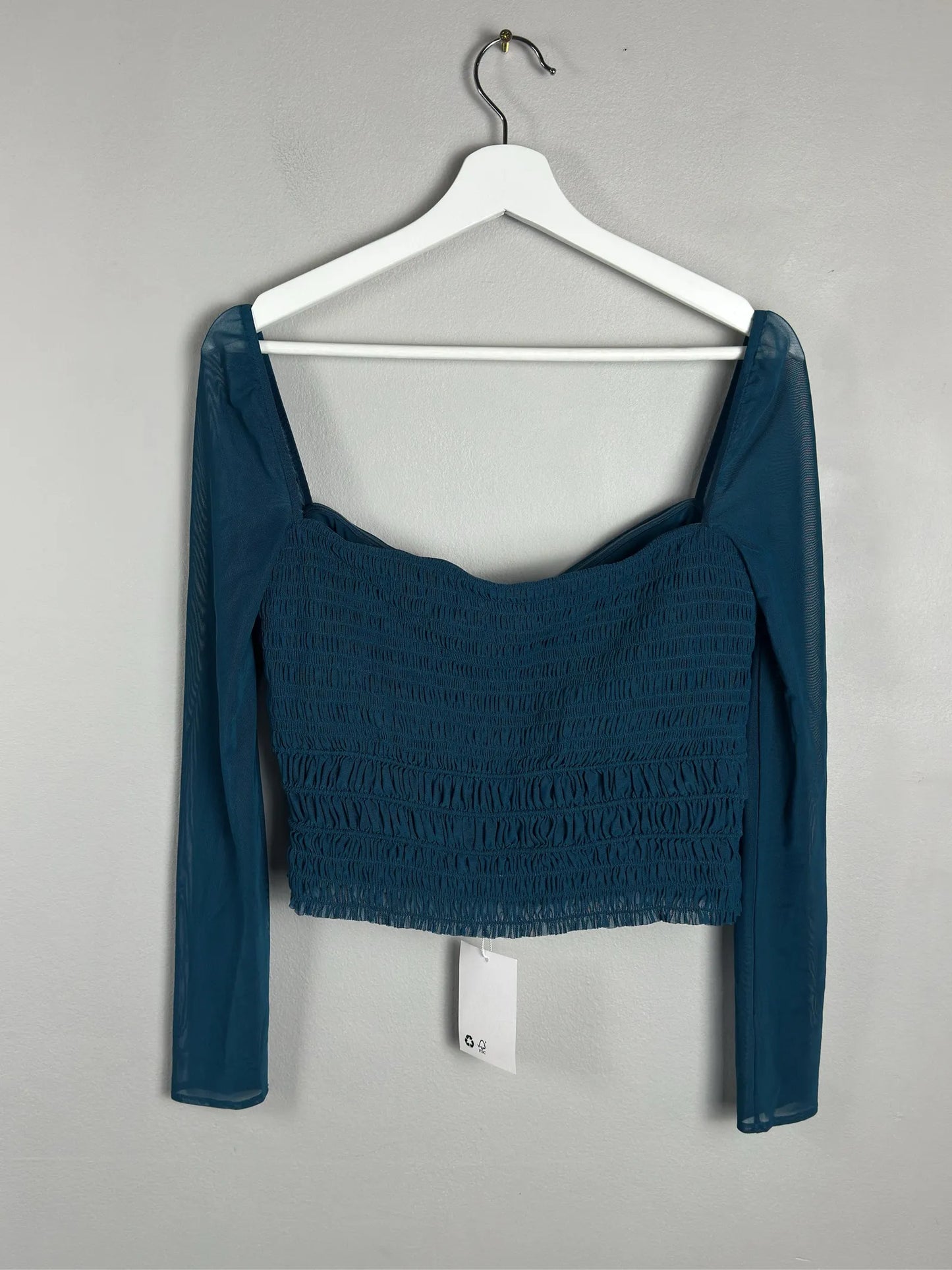 Self-Portrait Teal Shirred Powermesh Top