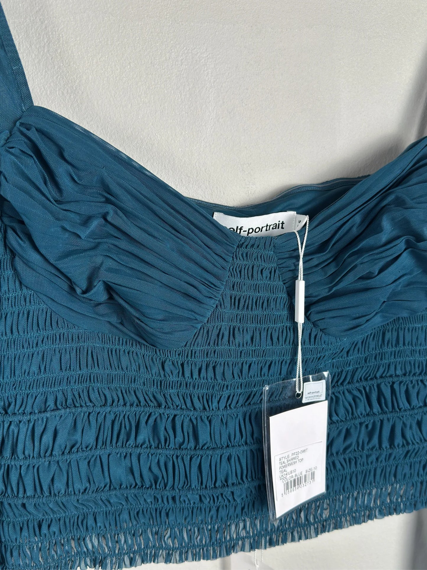 Self-Portrait Teal Shirred Powermesh Top