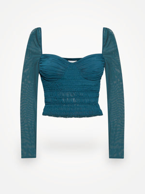 Self-Portrait Teal Shirred Powermesh Top