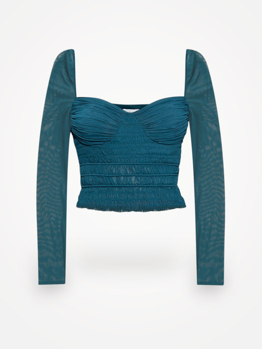 Self-Portrait Teal Shirred Powermesh Top